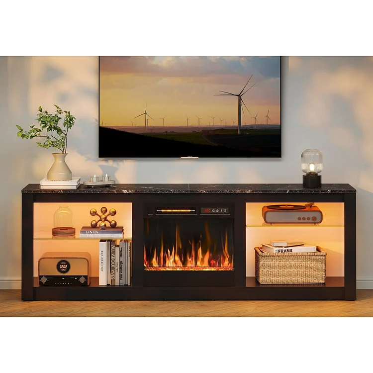 Bestier Fireplace TV Stand for TVs up to 70",LED Gaming Entertainment Center with 18" Electric Fireplace TV Station with Open Storage Shelve for Living Room