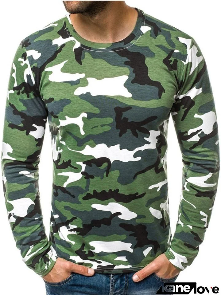 Easy Fit Camouflage Round Neck Long Sleeve Pullover Shirt