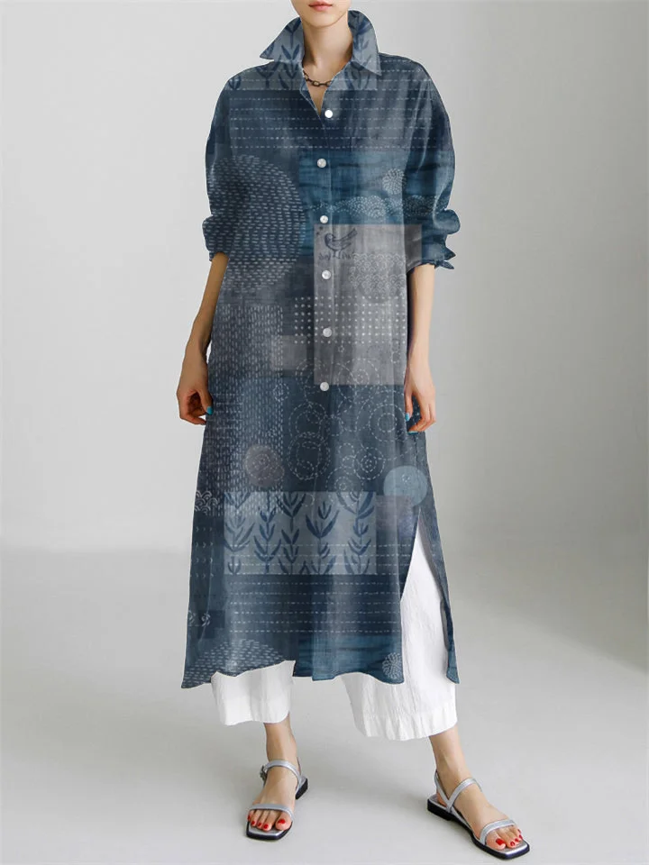 Vintage Japanese Art Patchwork Pattern Long Sleeve Slit Shirt Dress