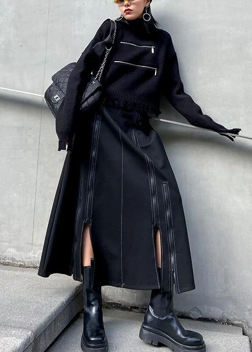 A-line skirt women's high waist mid length winter fashion black skirt