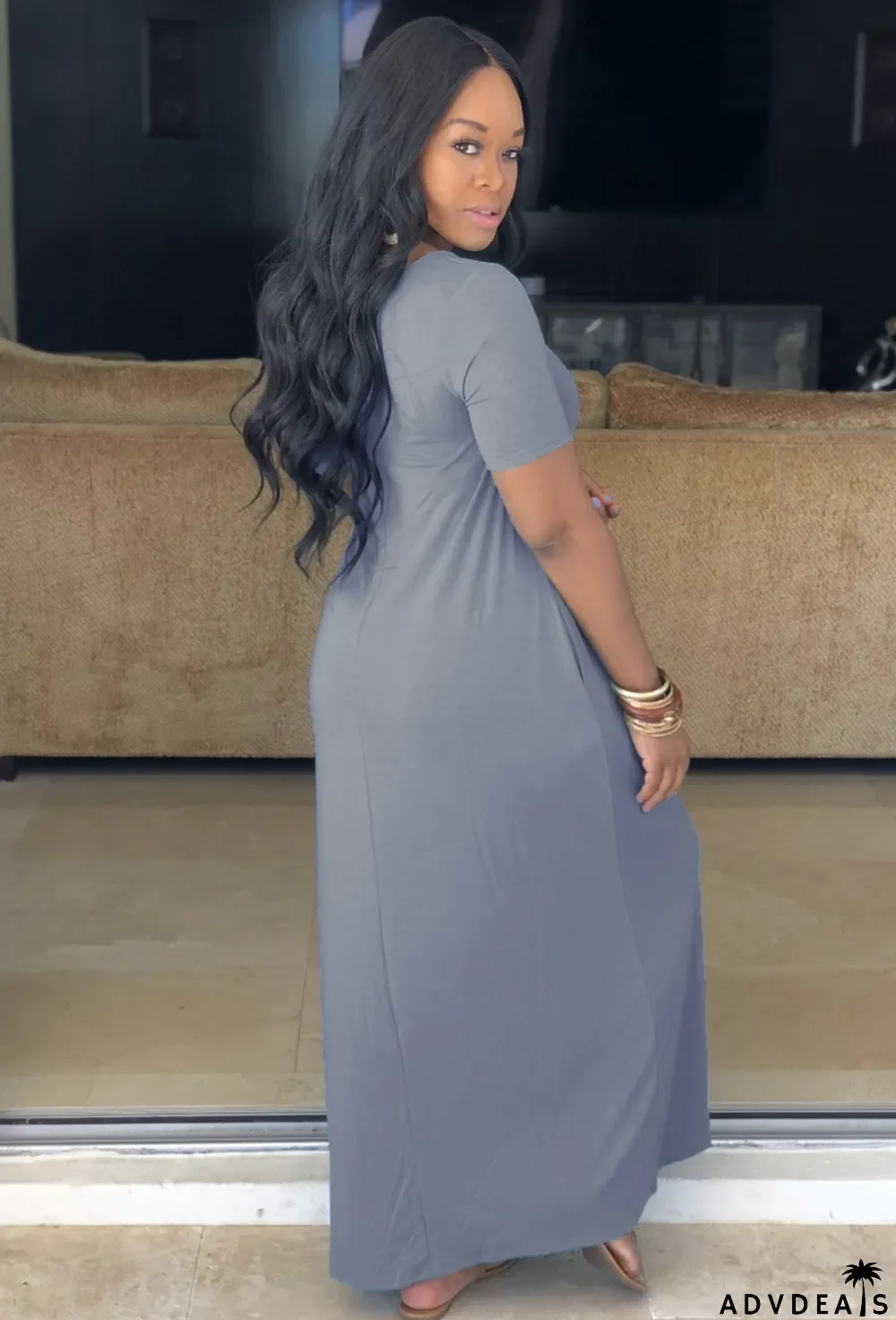 Women Summer Grey Casual V-neck Short Sleeves Print Loose Maxi Dress