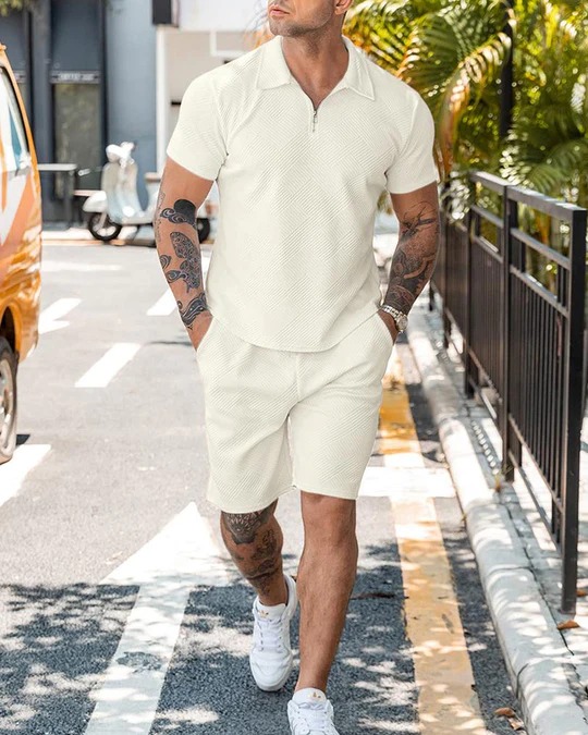 Men's Casual Polo Zipper Shorts Sleeve Suit