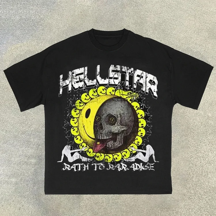 Sopula Retro Hellstar Skull Smiley Print Casual Cotton T-Shirt