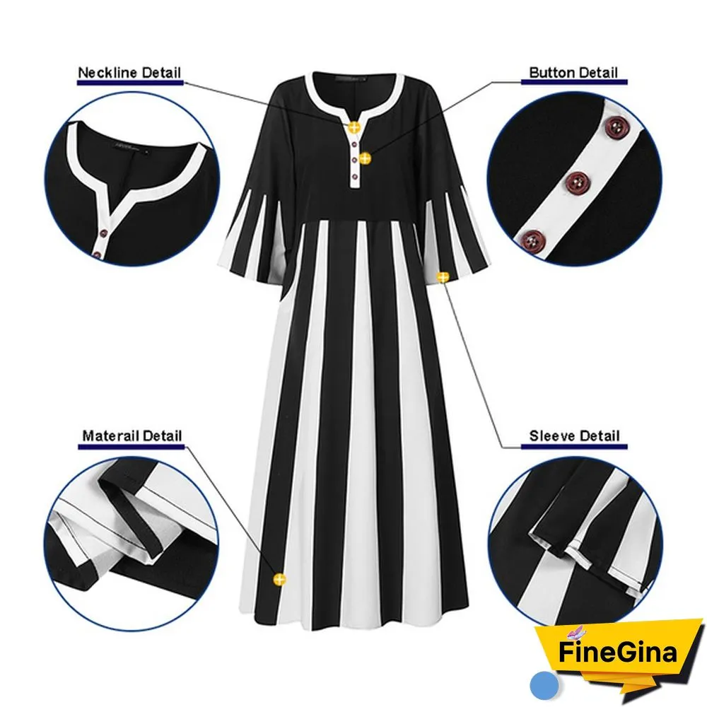 Women's Fashion V Neck 3/4 Sleeve Casual Loose Long Dress Plus Size Striped Dress Vestidos