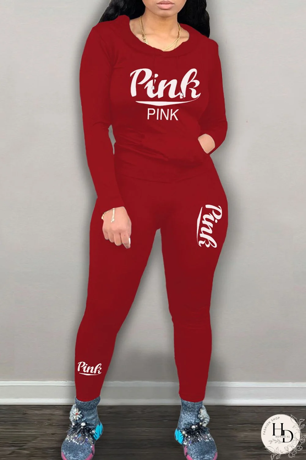 Red Casual Print Patchwork Hooded Collar Long Sleeve Two Pieces