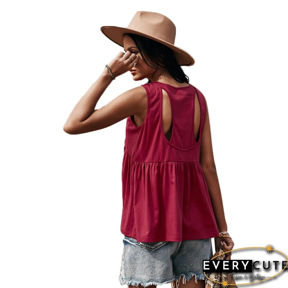 Wine Red Solid Buttoned Knit Loose Tank