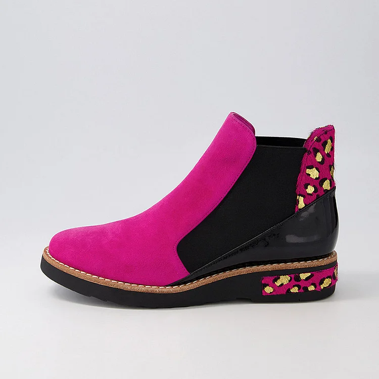 Fuchsia Vegan Suede Round Toe Chelsea Boots with Leopard Print |FSJ Shoes