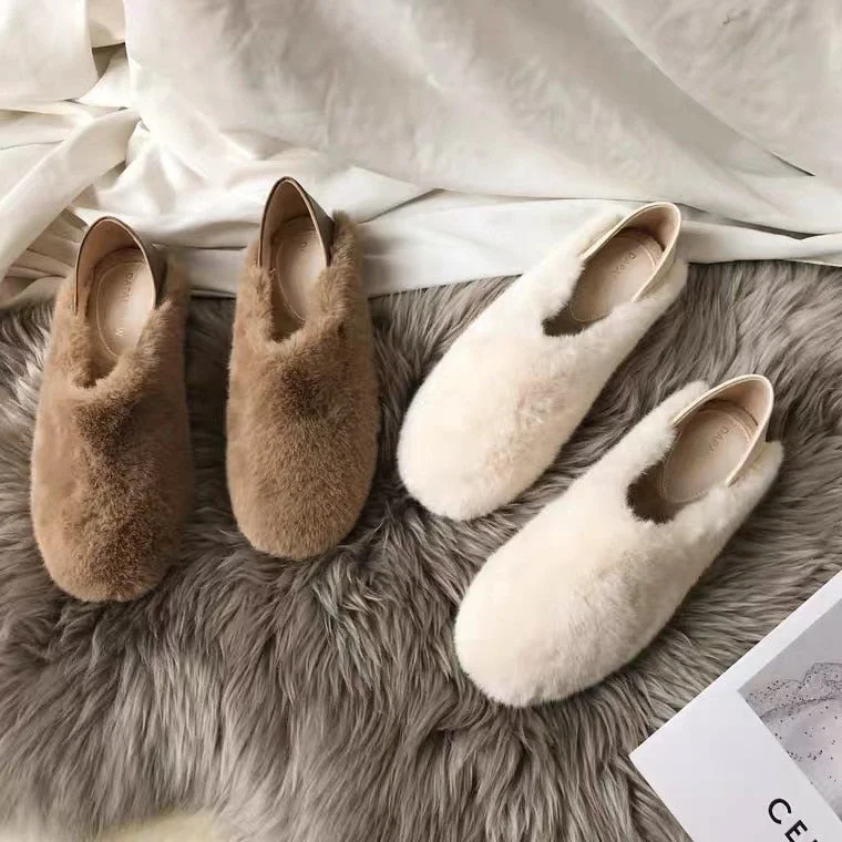 Plus Size Warm Fur Loafers Women Winter Shoes Indoor Furry Flats Round Toe Fluffy Moccasins Female House Home Ballerinas Brand
