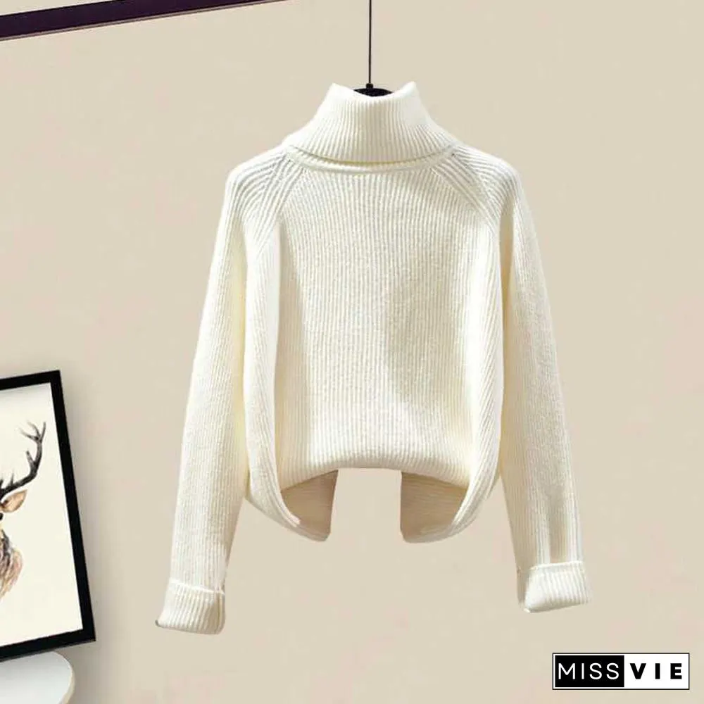 Fleece Hooded Coat Turtleneck Sweater Casual Pants Three Pieces