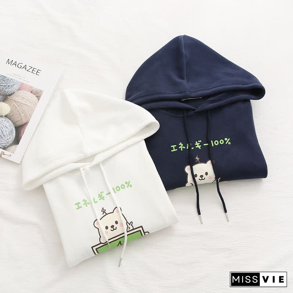 Cartoon Bear Charge Print Plaid Sleeve Hoodie