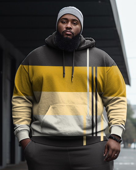 Men's Large Size Color Block Geometric Colorblock Casual Hoodie and Sweatpants Two Piece Set