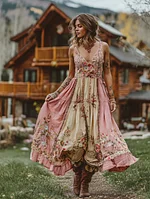 Women's Rose Floral Art V Neck Comfy Sleeveless Maxi Dress