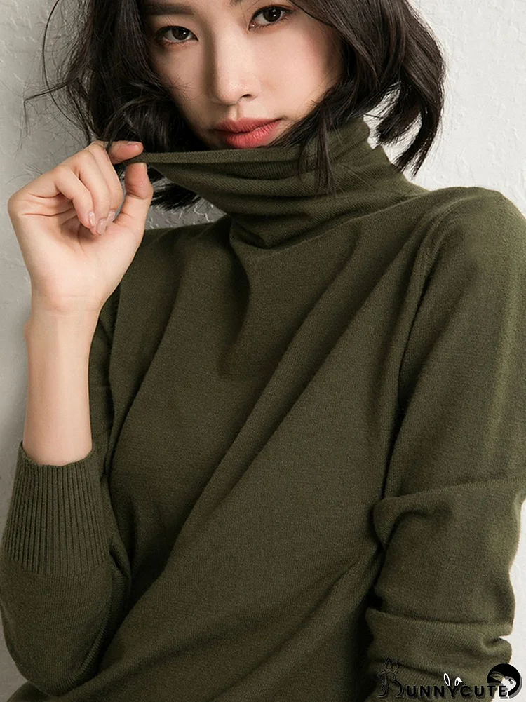 Simple Loose Long Sleeves Solid Color High-Neck Sweater Tops