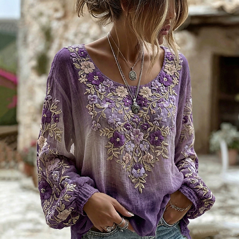 Women's Retro Bohemian Floral Gradient Crew Neck Long Sleeve Linen Blend T-shirt elevenforest