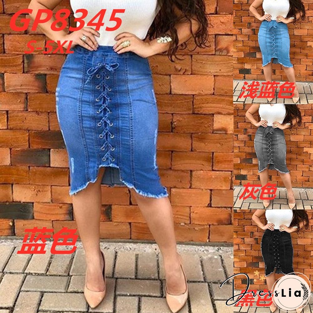 Summer Jeans Denim Pants New Women Fashion Lace Cross High Wasit Skirts Summer Denim Bow Tie Slim Fit Hole Ripper Skirts Jeans Plus Size S-5Xl