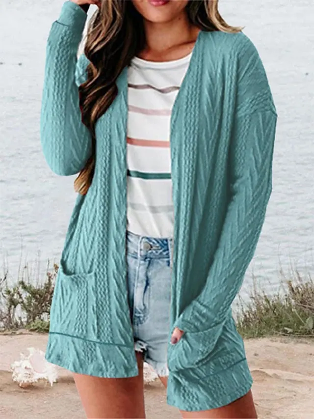 Womens Cardigan Sweater Jumper Cable Knit Pocket Solid Color Open Front Stylish Casual