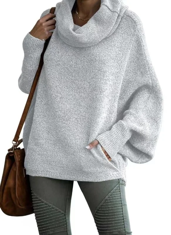 2024 Fall sale!!🍁Cowl Neck Batwing Sleeve Pullover Sweater with Pockets