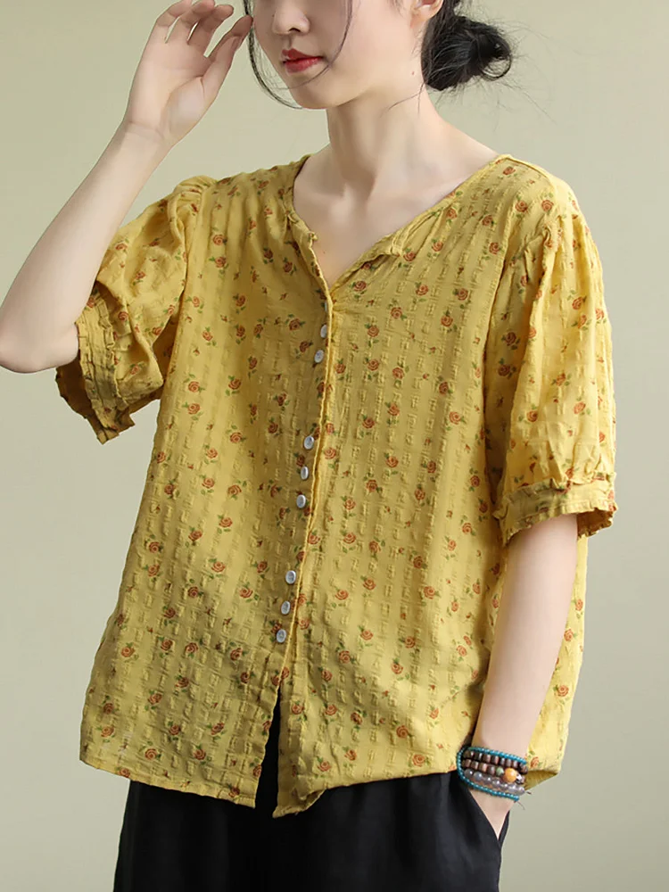 Plus Size - Floral Prints Single Breasted Cotton Linen Shirt