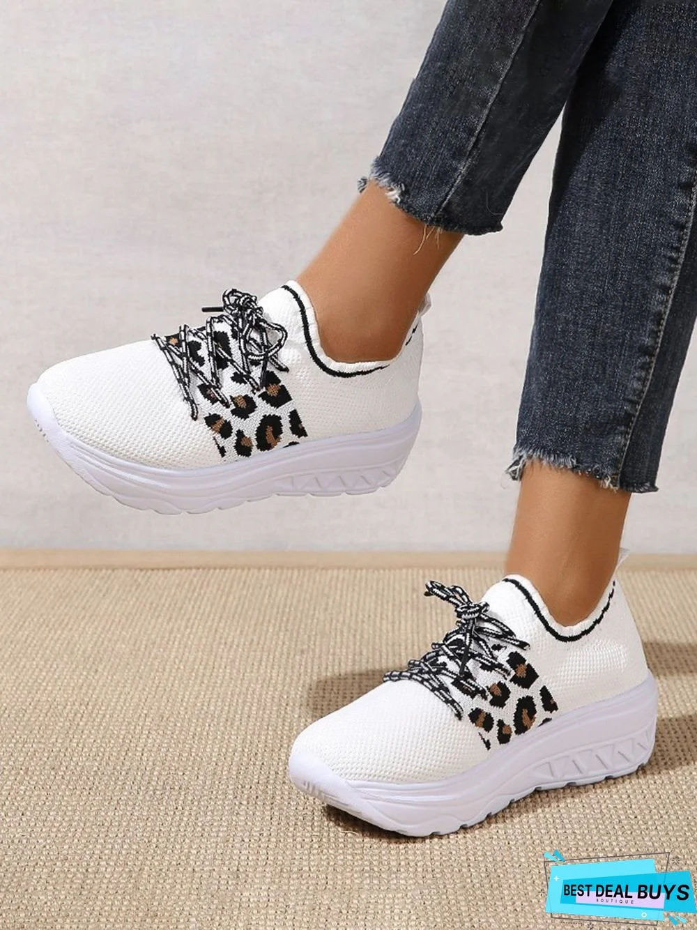 Breathable Leopard Mesh Fabric Slip On Sneakers