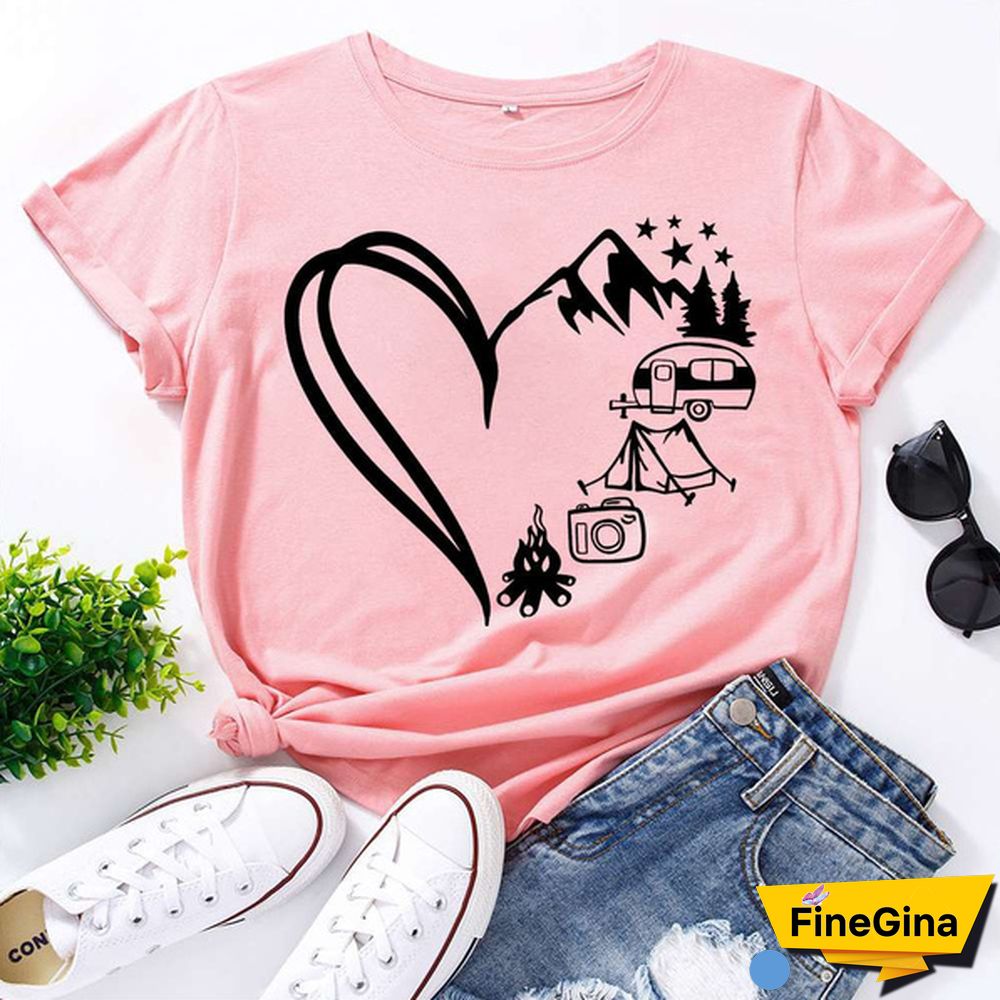 Hot Camping Heart Printed T-Shirts For Women Summer Short Sleeve Tee Shirts Round Neck Casual Summer Ladies Tops