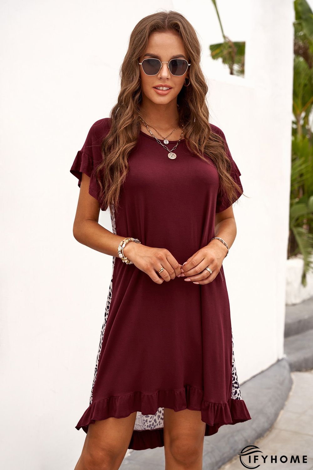 Wine Flounce Design Leopard Printed Short Sleeve Mini Dress | IFYHOME