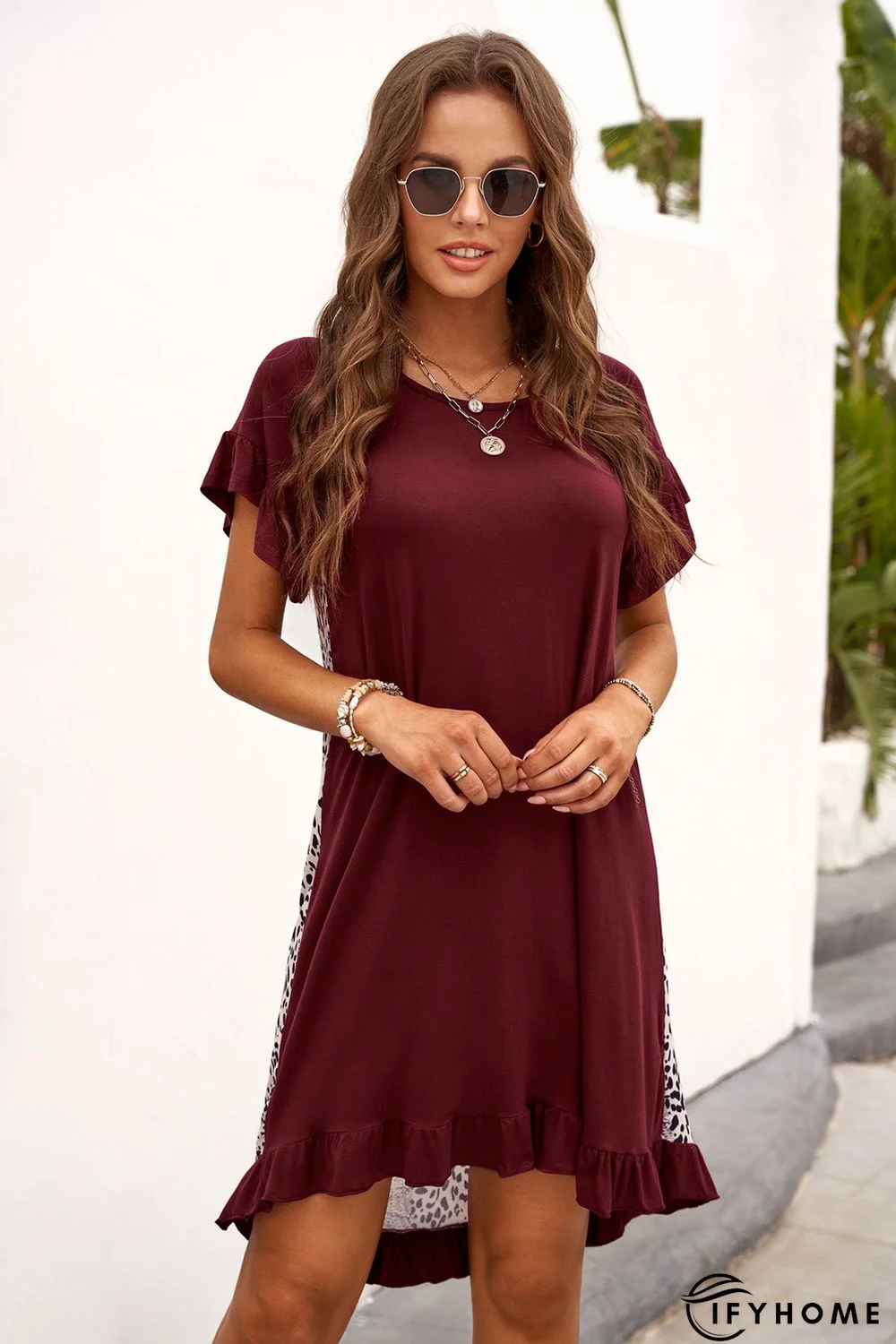 Wine Flounce Design Leopard Printed Short Sleeve Mini Dress | IFYHOME