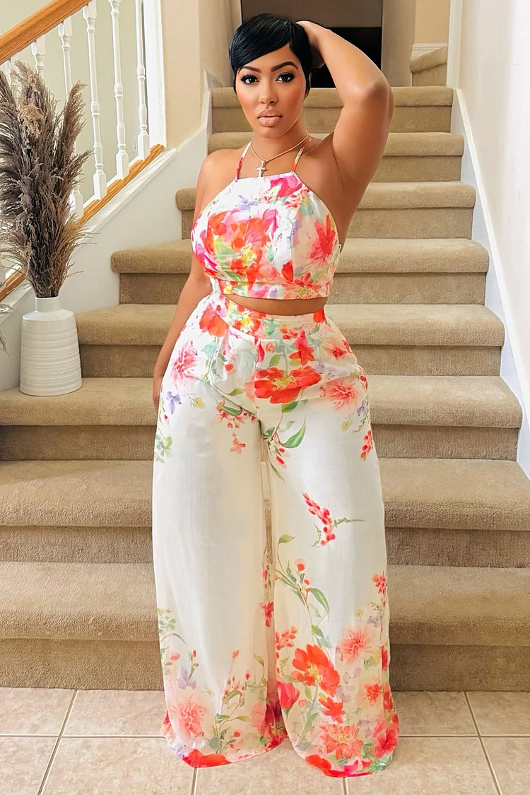 Floral Print Halter Backless Top Wide Leg Pants 2pcs Set-White [Pre Order]