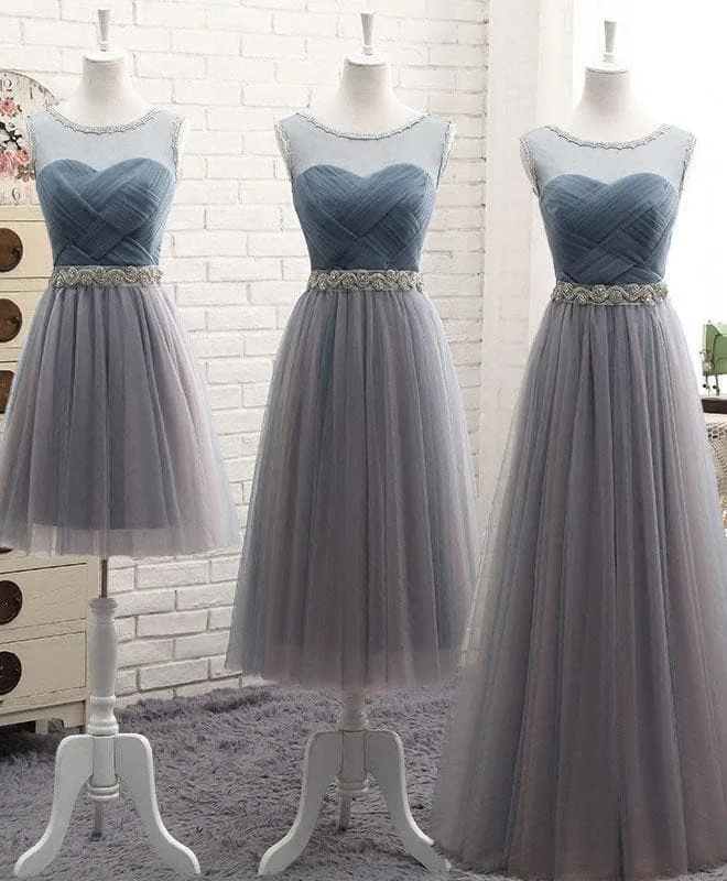 Gray Round Neck Tulle Prom Dress, Gray Evening Dress