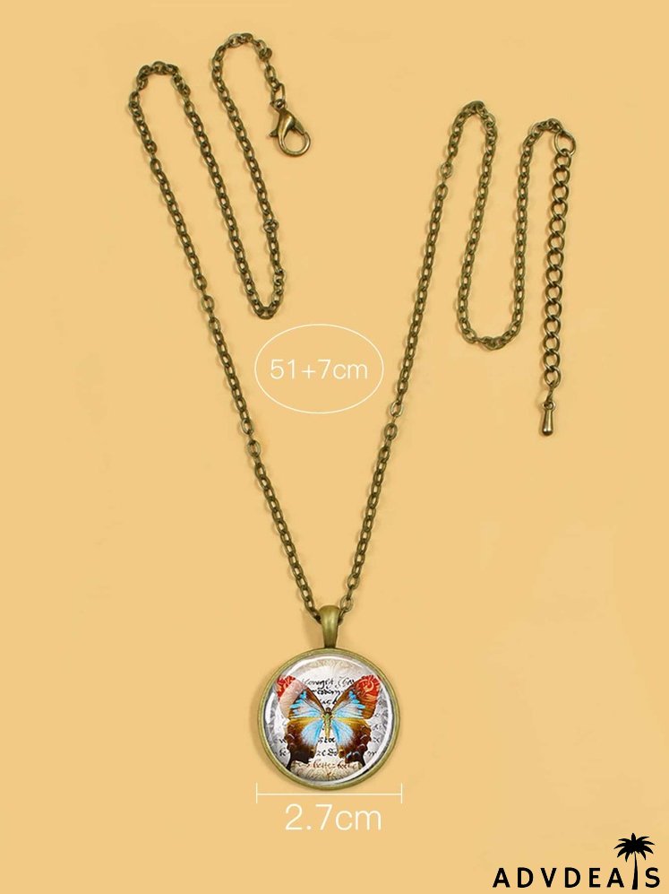 Butterfly Print Round Charm Necklace