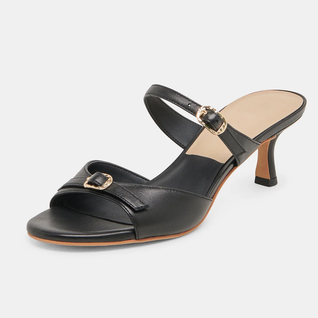 YDN Simple Black Open-Toe Kitten Heeled Mules with Double Buckle