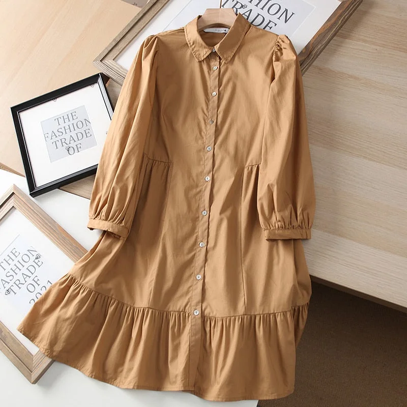 Spring Summer Women Vintage Shirt Dress Chic Button Solid A-Line Party Dresses Ladies Vestidos Ropa Mujer