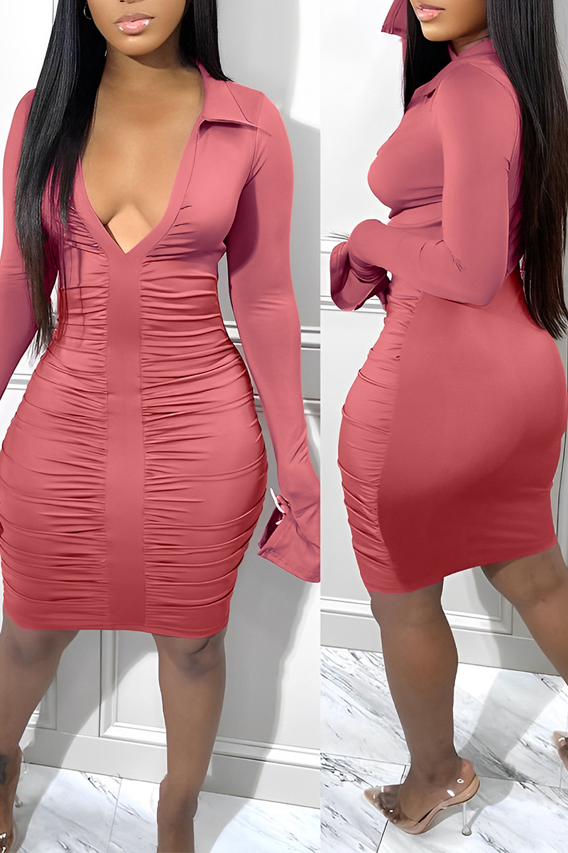 Pink Sexy Solid Fold Turndown Collar Pencil Skirt Dresses | EGEMISS