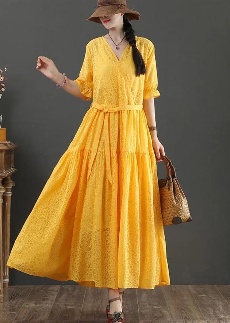 Fashion Yellow Short Sleeve A Line Summer Cotton Dress ( Limited Stock)