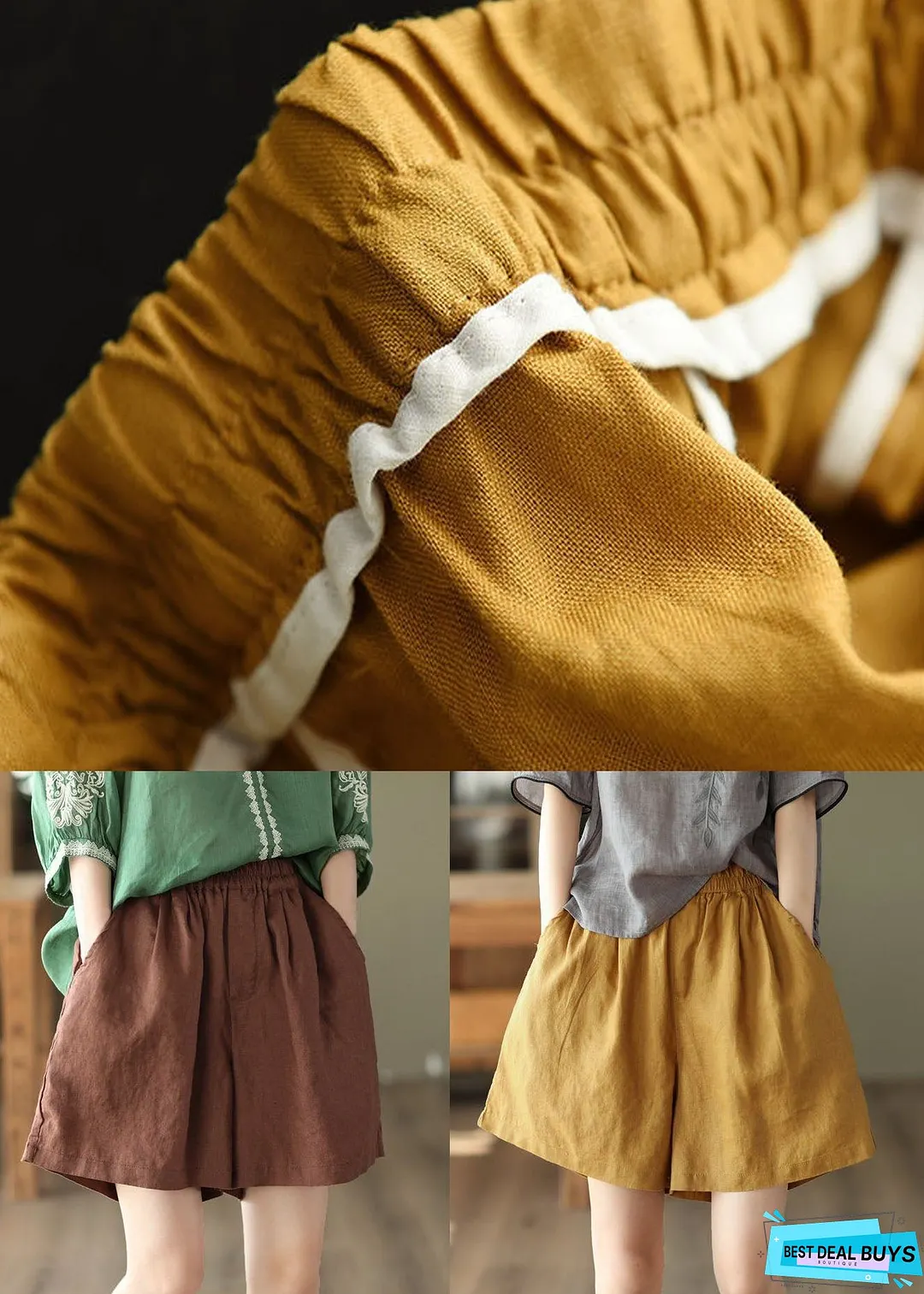 Yellow Pockets Elastic Waist Linen Shorts Summer