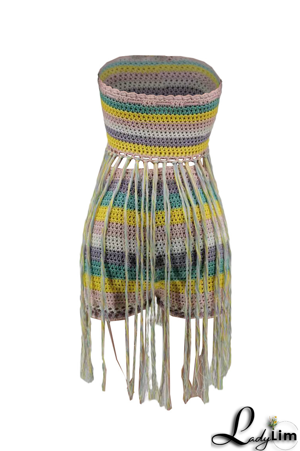 Blue Sexy Patchwork Tassel Strapless Sleeveless Two Pieces