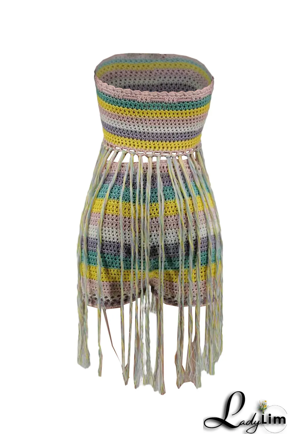 Blue Sexy Patchwork Tassel Strapless Sleeveless Two Pieces
