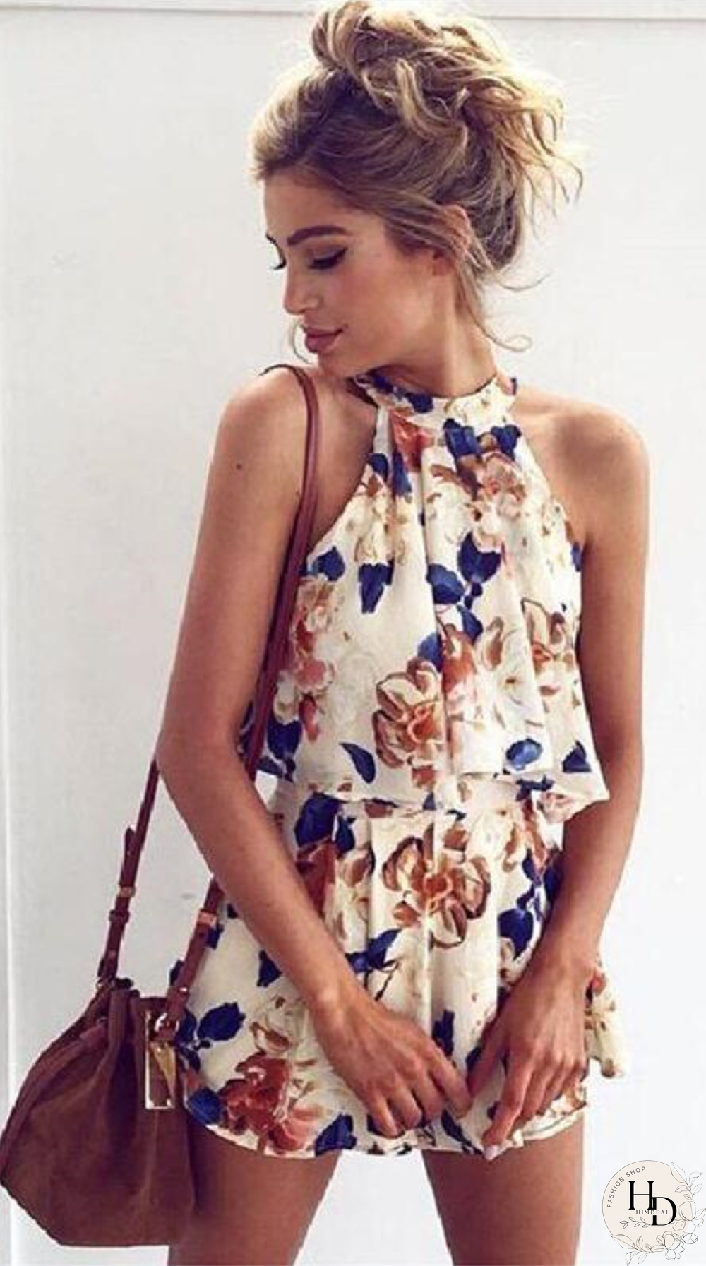 Beige Floral Crop Top and Shorts Matching Sets