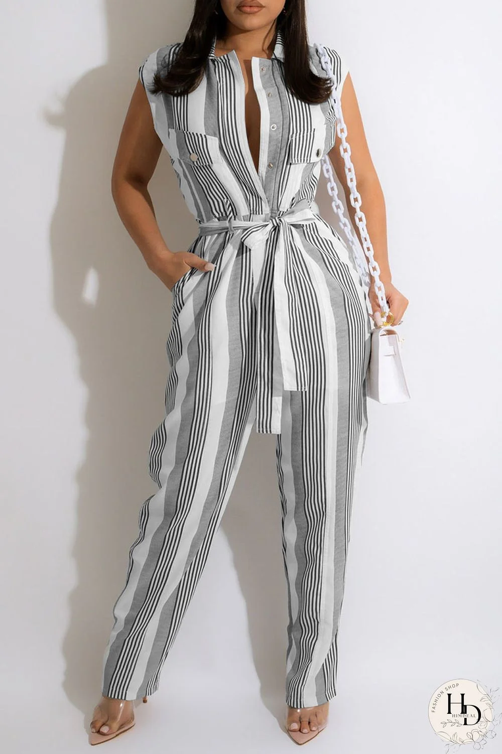 Grey Casual Striped Print Split Joint Buckle With Belt Straight Jumpsuits