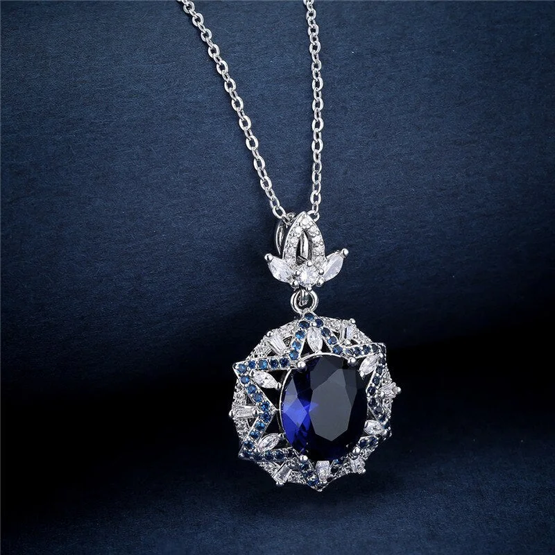 Trendy Female Crystal Round Pendant Necklace Charm Silver Color Chain Necklaces For Women Blue Zircon Wedding Necklace