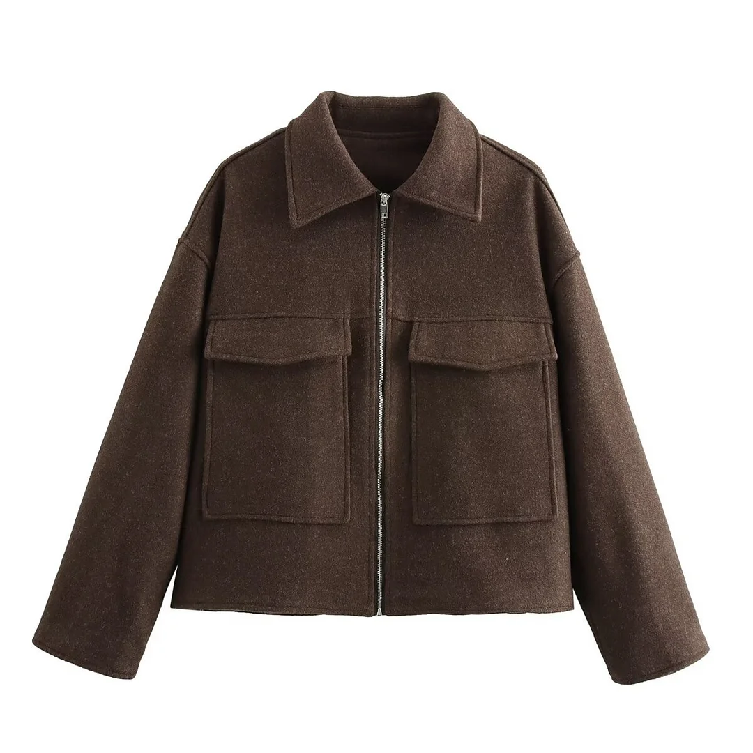 Nigikala Nigikala Autumn Fashion Wine Red Big Pocket Zipper Hair Coat Women's Clothing B88782