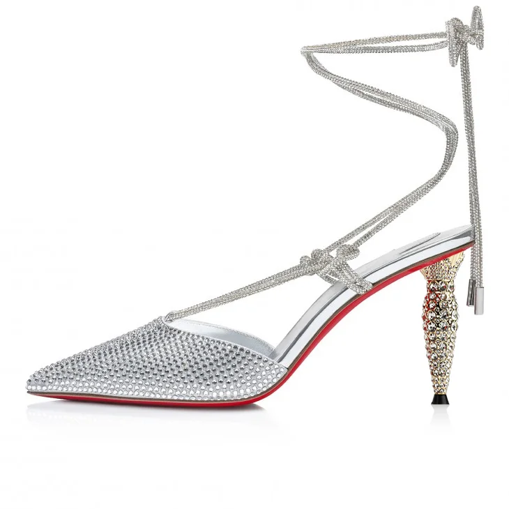 100mm/3.94 inch diamond red bottom high heels with rhinestone chain straps