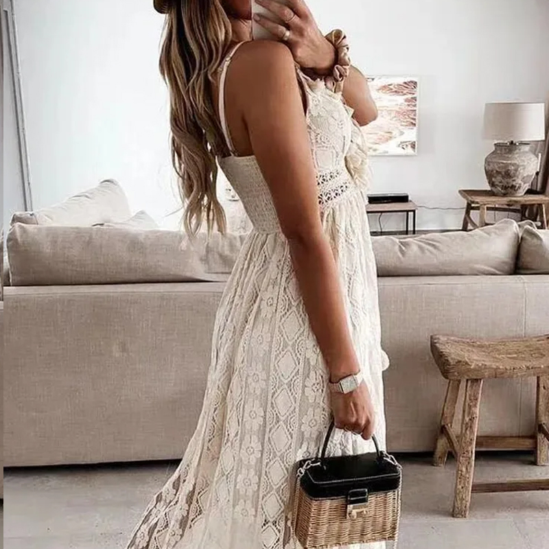 Summer Holiday Beach Style Women's V-Neck Spaghetti Strap Sundress Hook Flower Hollow Maxi Dress Elegant Lady Lace Dress 22194