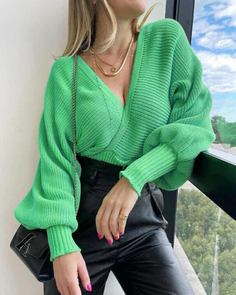 V-neck cross wrap puffy sleeve sweater