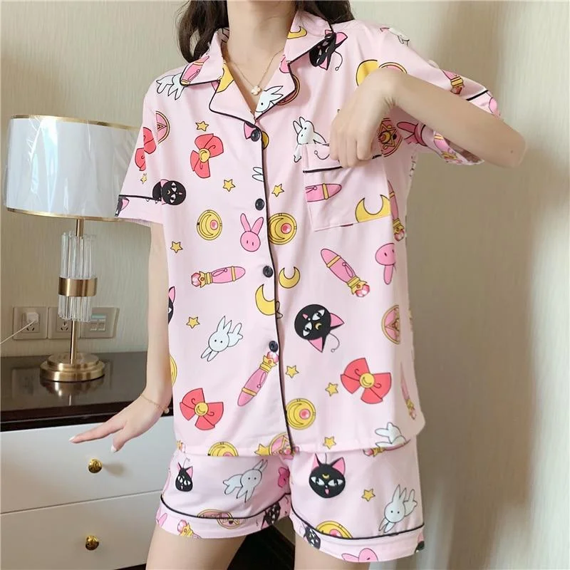 Womens Cotton Pajamas Set Turn-down Collar Pyjamas Short Sleeves Suit Soft Sleepwear Female Summer Cartoon Cat Moon Homewear