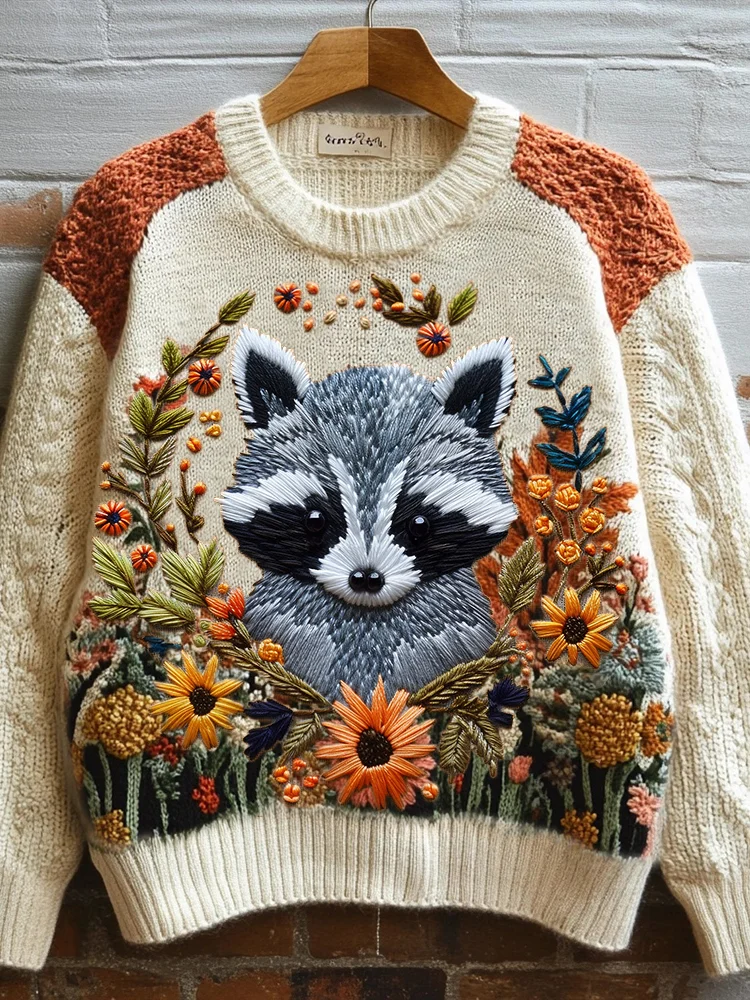 Utbros Fall Baby Raccoon Floral Embroidered Vintage Cozy Knit Sweater