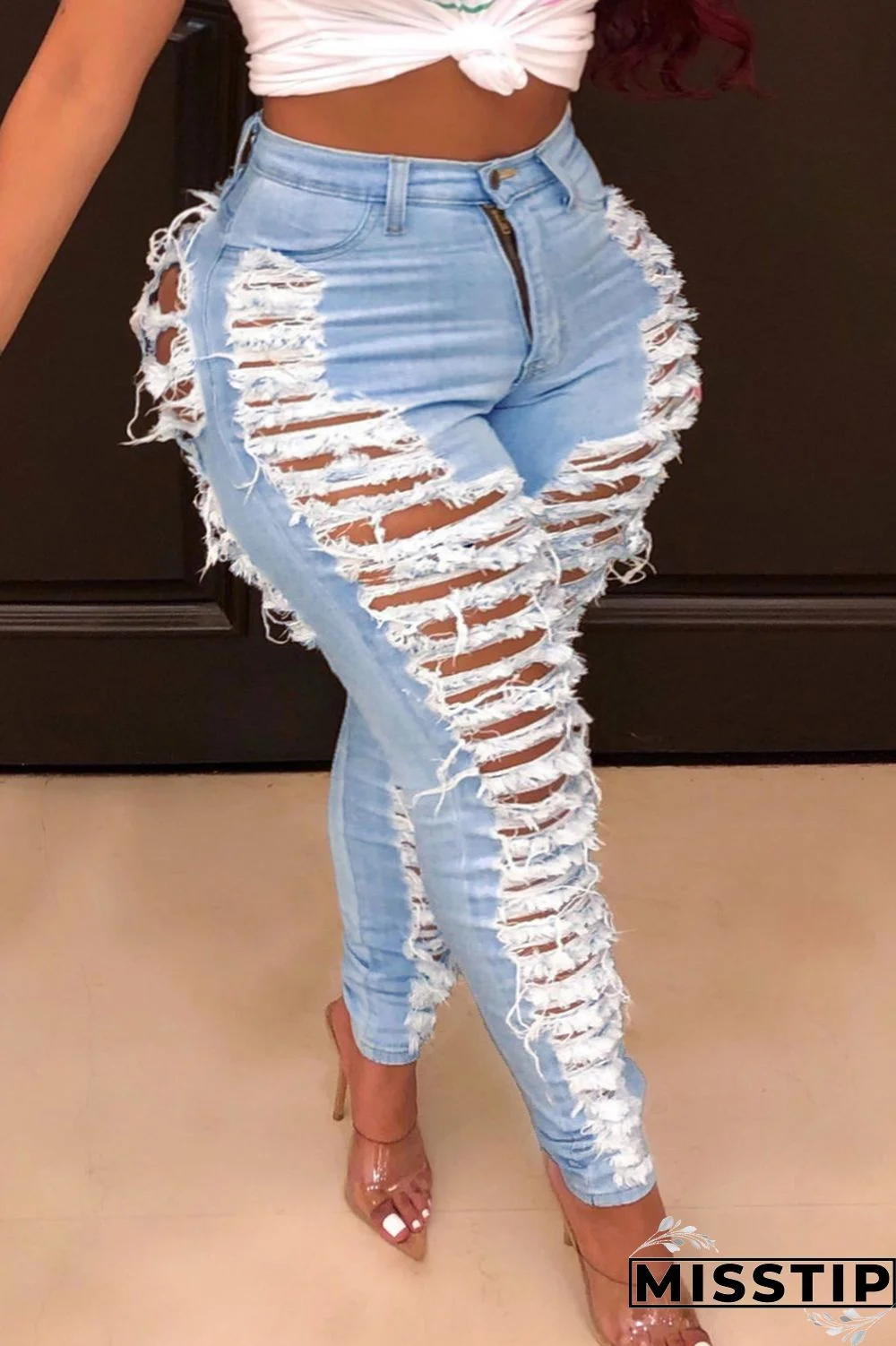 Dark Blue Casual Solid Ripped Patchwork Plus Size Jeans