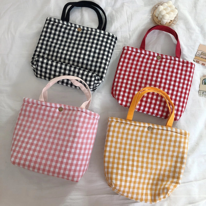 Plaid Portable Lunch Bag With Thickened Aluminum Film Hand Carrying Small Square Bag Cotton Bag Breakfast Bag Mummy Bag Plaid Bag