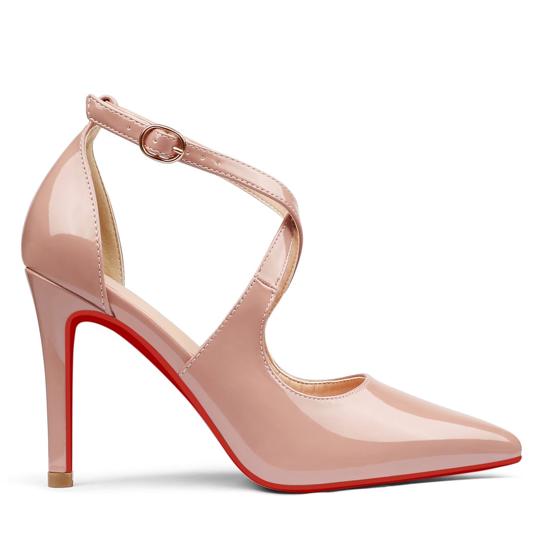 95mm Women's Pointed Toe Cross Strap Heels Red Bottoms Pumps Shoes-vocosishoes