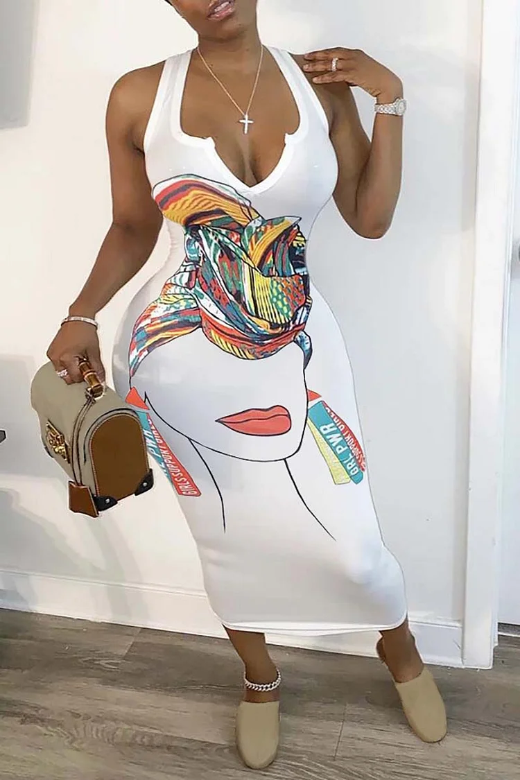 White Abstract Print Deep V Neck Sleeveless Bodycon Vacation Midi Dress