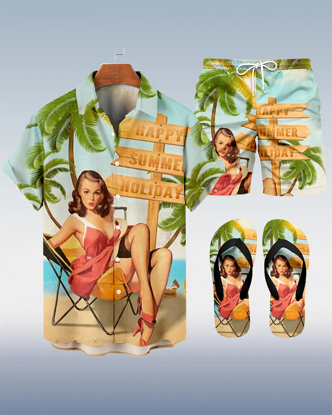 Suitmens Men's Hawaii Vacations Print Shirt Three-Piece Set 061